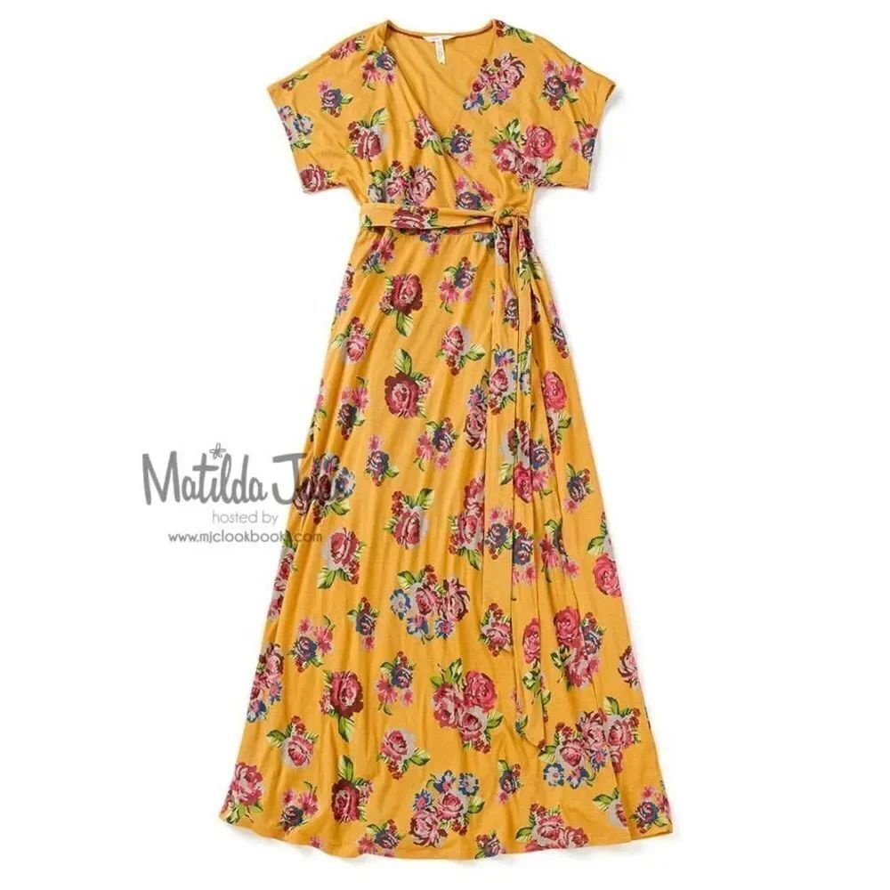 Matilda Jane Womens Size X-Small XS Alana Mustard Yellow Floral Wrap Maxi Dress.